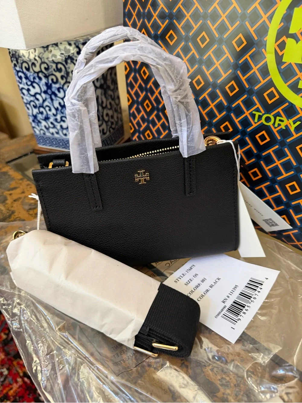 Tory Burch Black Pebbled Leather Mini Tote with Gold Logo